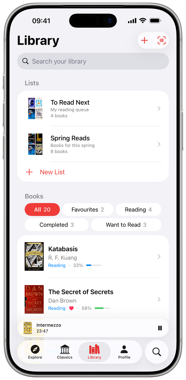 Library with reading stats and progress